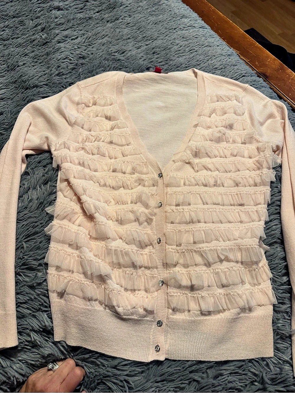 New York & Company Ruffle Cardigan in Pink Large Like New